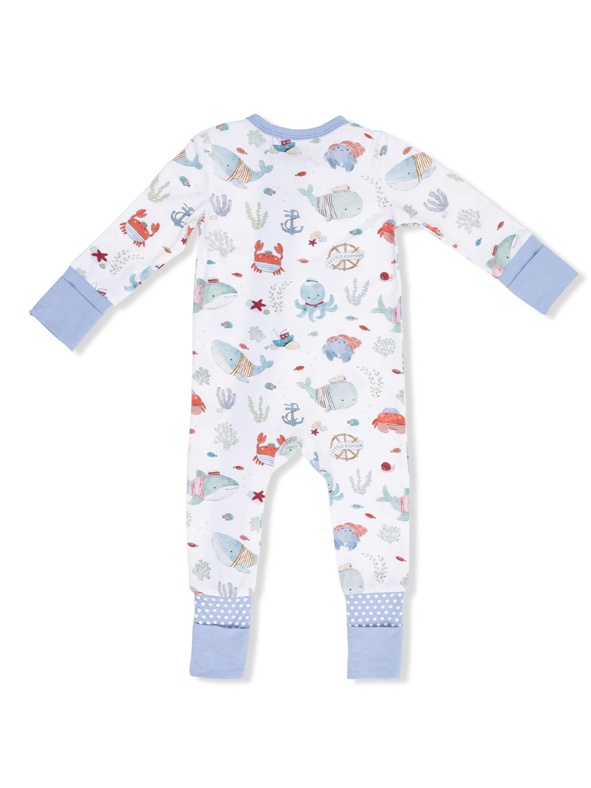 Baby onesie featuring a colorful ocean theme with whales, crabs, and sea creatures on a white background.