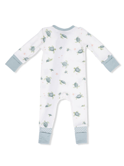Back view of a baby onesie featuring a turtle print and contrasting cuffs in soft blue. Ideal for infants.