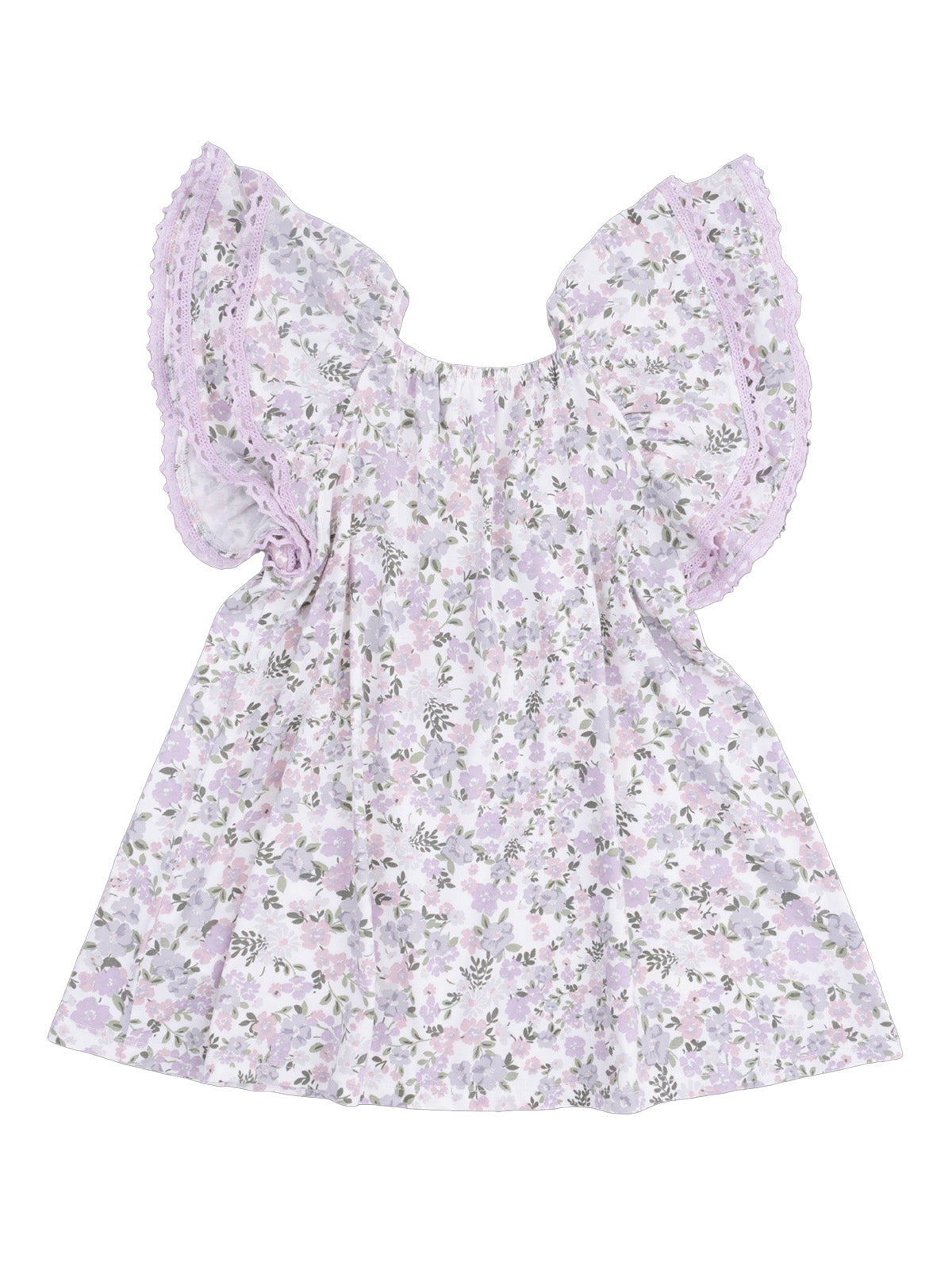 Floral dress with lavender ruffled sleeves and a gathered neckline, perfect for spring or summer wear.