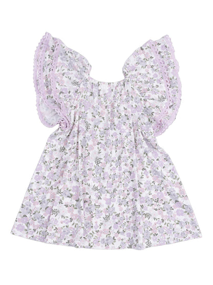 Floral dress with lavender ruffled sleeves and a gathered neckline, perfect for spring or summer wear.
