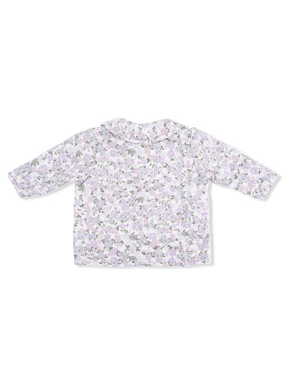 Floral-patterned light shirt with long sleeves, displayed from the back on a white background.