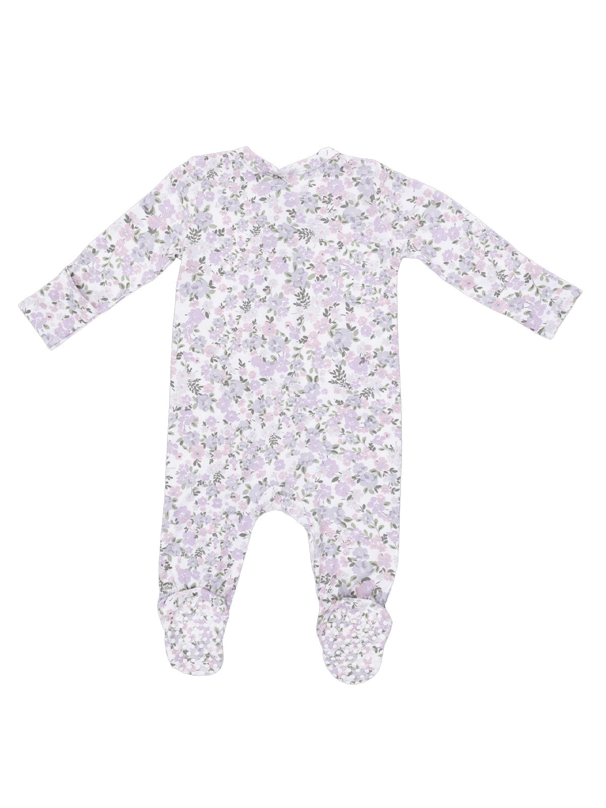 Purple floral baby romper with long sleeves and footed design, showcasing a delicate pattern.