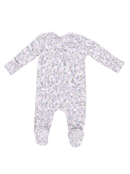 Purple floral baby romper with long sleeves and footed design, showcasing a delicate pattern.