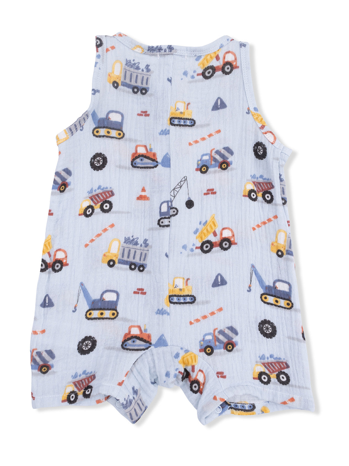 Light blue baby romper featuring colorful construction vehicles and tools in a playful pattern.