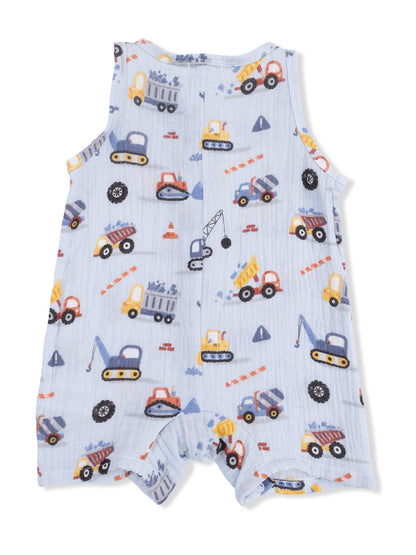 Light blue baby romper featuring colorful construction vehicles and tools in a playful pattern.