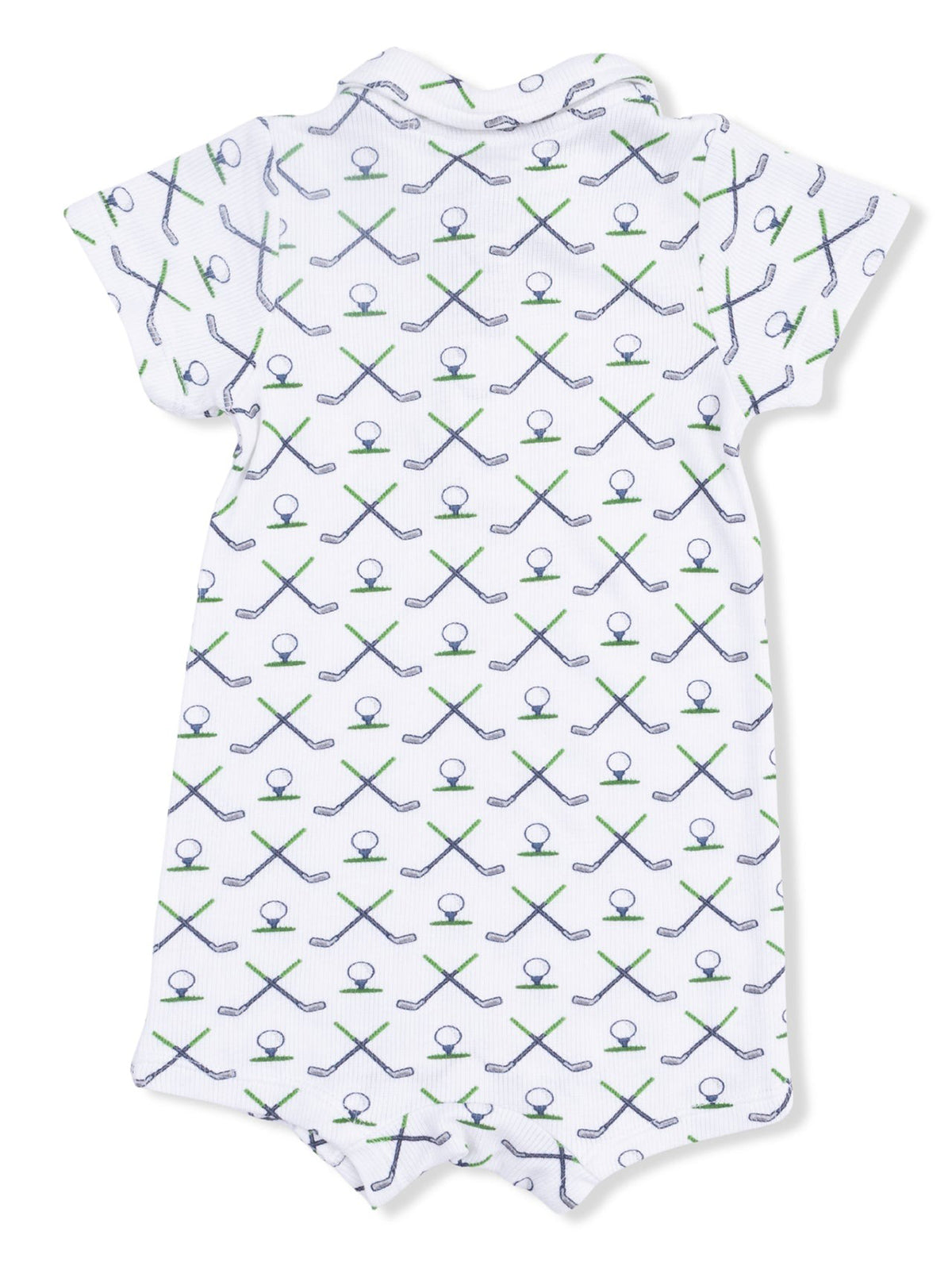 White short-sleeve onesie with a pattern of golf clubs and balls in green and navy blue.