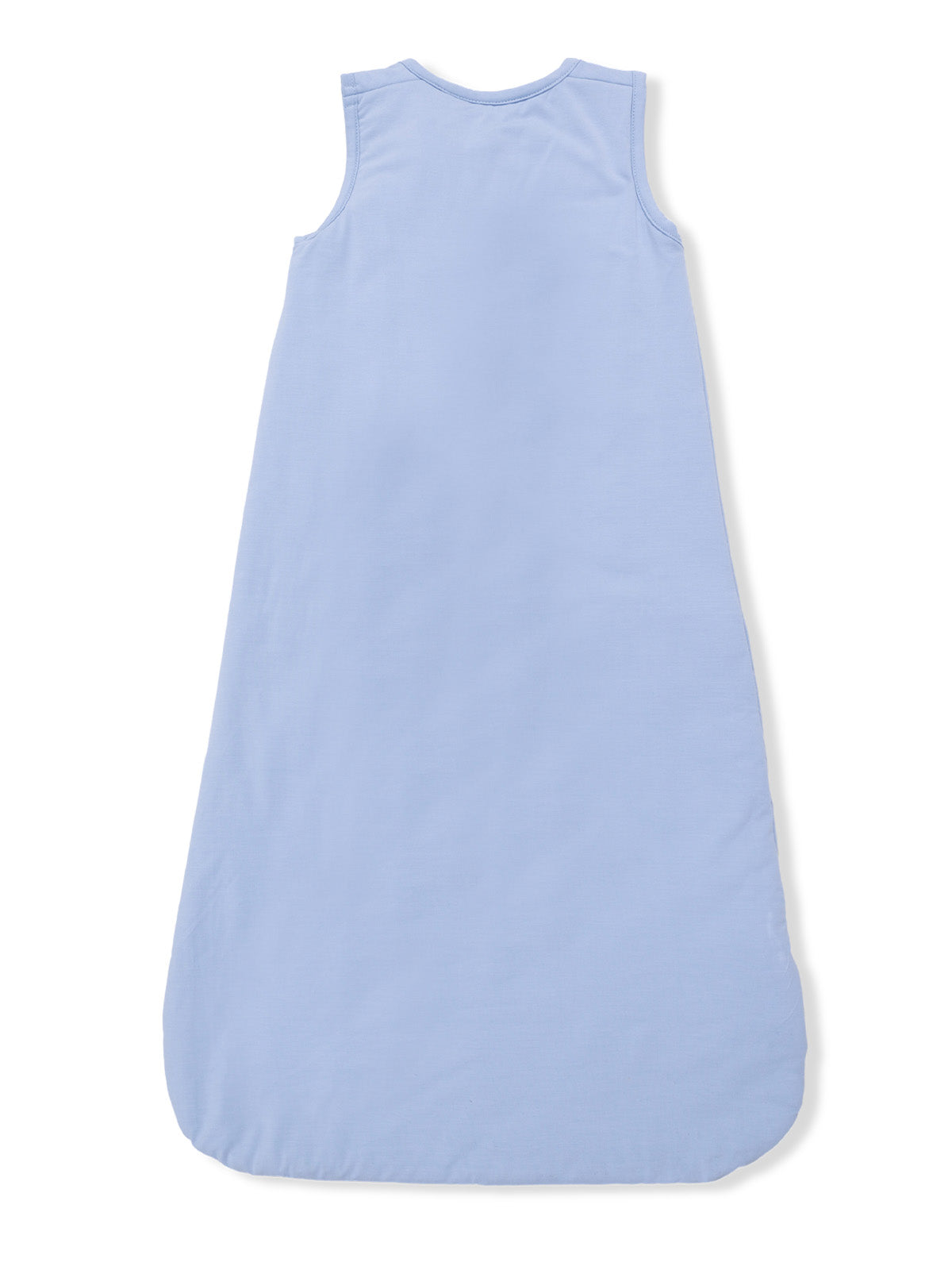 Light blue sleeveless sleep sack for infants, featuring a rounded bottom and soft fabric texture.