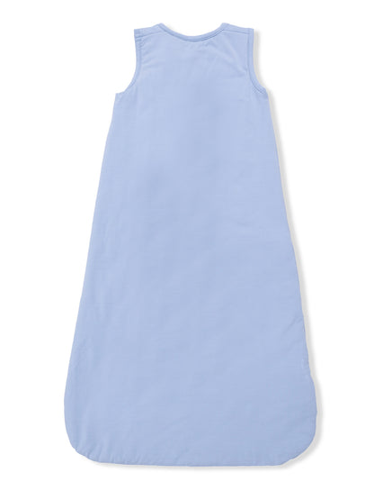 Light blue sleeveless sleep sack for infants, featuring a rounded bottom and soft fabric texture.