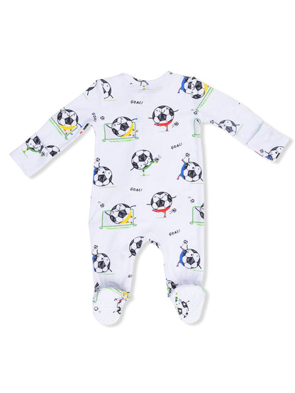 White baby onesie with playful soccer ball and goal designs, featuring colorful cartoon figures celebrating goals.