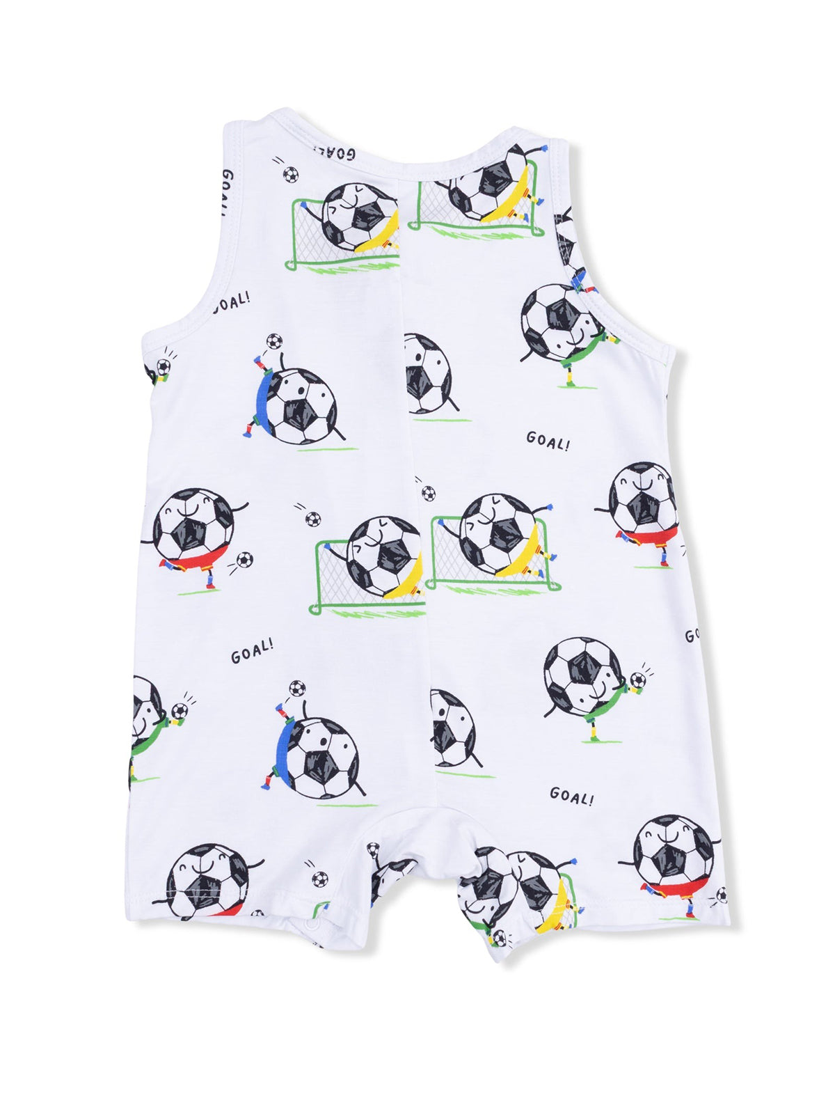 White romper with colorful soccer-themed prints, featuring soccer balls and playful characters.