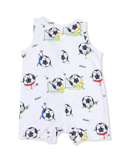 White romper with colorful soccer-themed prints, featuring soccer balls and playful characters.