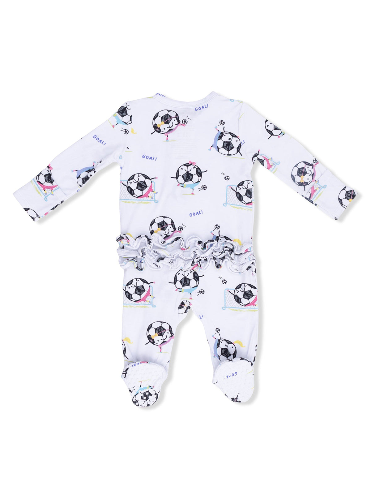 White baby onesie with soccer ball print and ruffled back, featuring playful illustrations of soccer scenes.