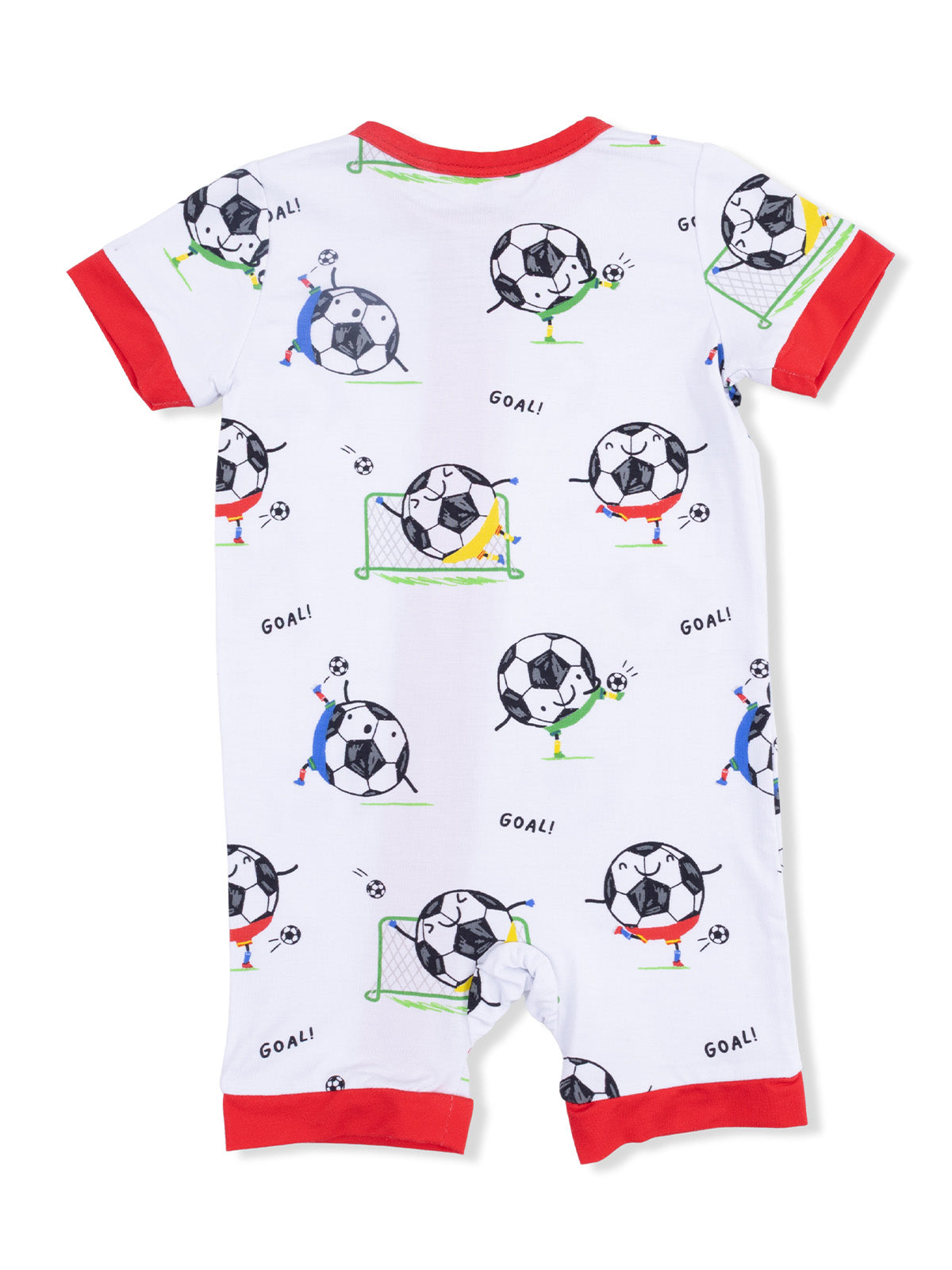 Children's short-sleeve romper with playful soccer ball print and red trim, featuring "GOAL!" text.