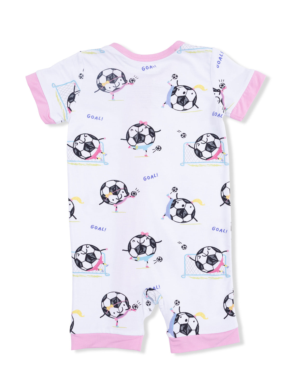 Kids' short-sleeve onesie with playful soccer ball and goal print, featuring pink trim and fun cartoon characters.
