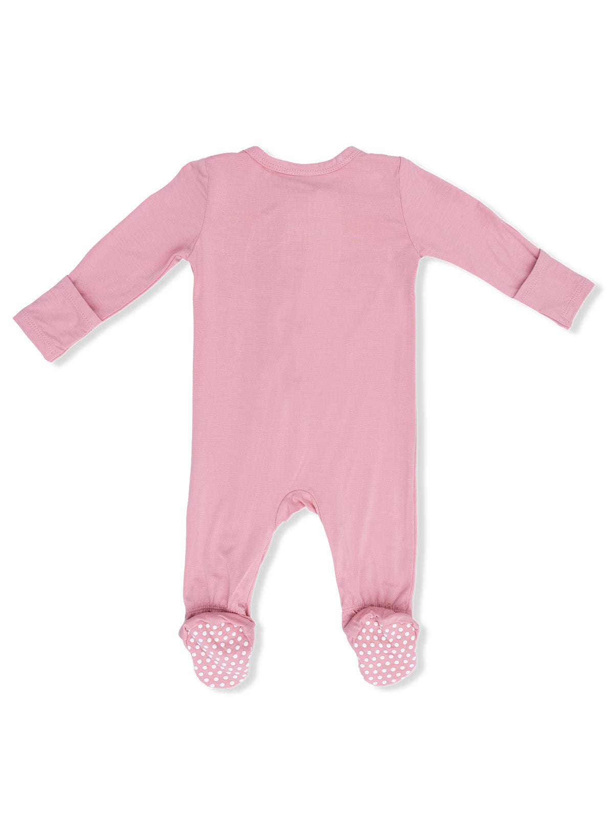 Pink baby onesie with long sleeves and polka dot feet, shown from the back.