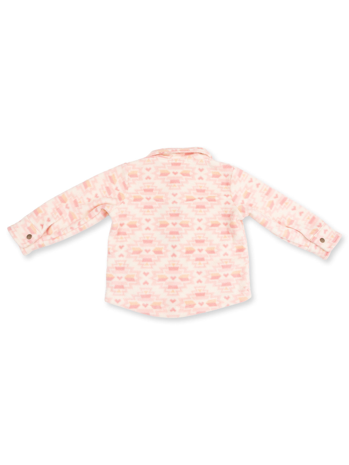 Back view of a pink patterned shirt with long sleeves and a collar. Perfect for casual wear.