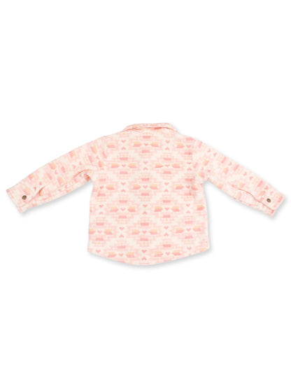 Back view of a pink patterned shirt with long sleeves and a collar. Perfect for casual wear.