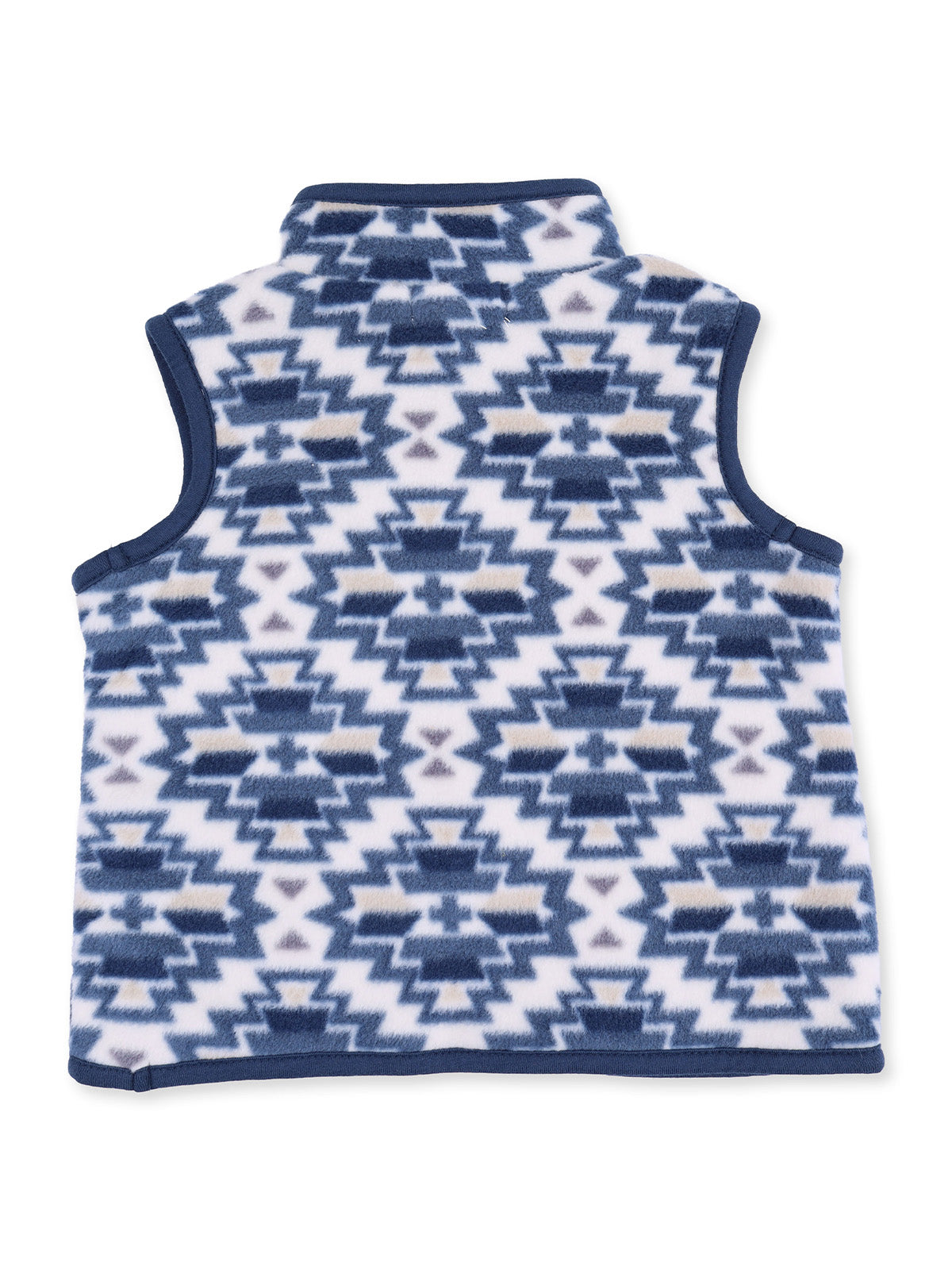 Fleece vest with a geometric tribal pattern in navy blue, white, and beige, viewed from the back.
