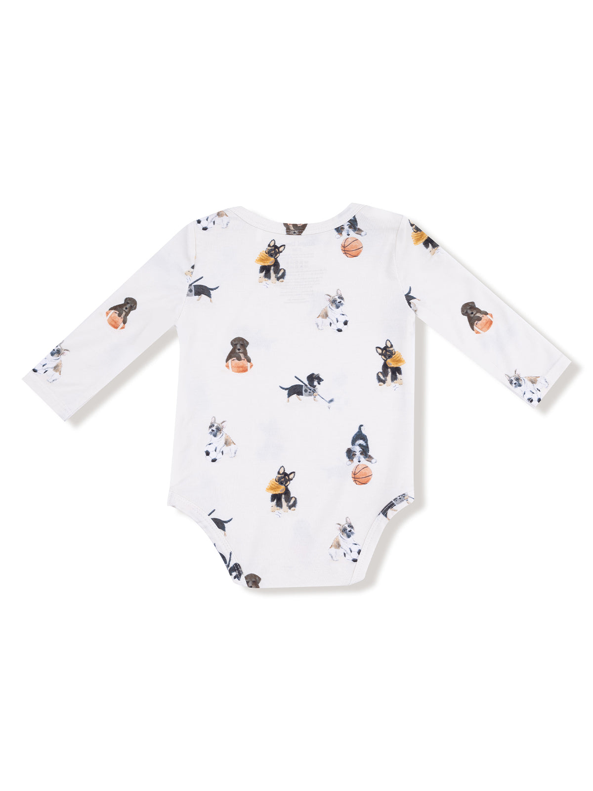 White long-sleeve baby bodysuit featuring playful dog illustrations and sports-themed designs.