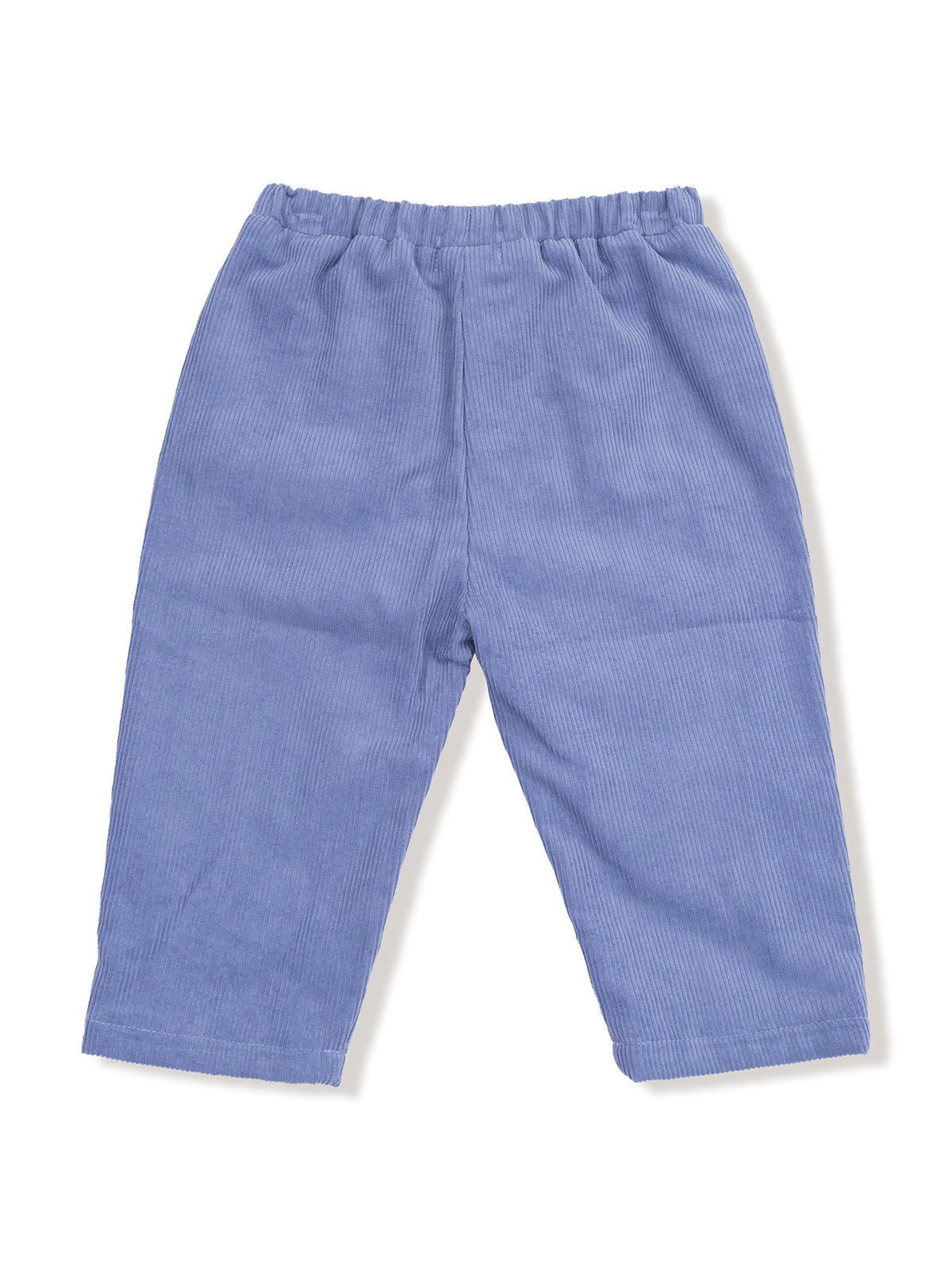 Light blue corduroy pants with an elastic waistband, laid flat on a white background.