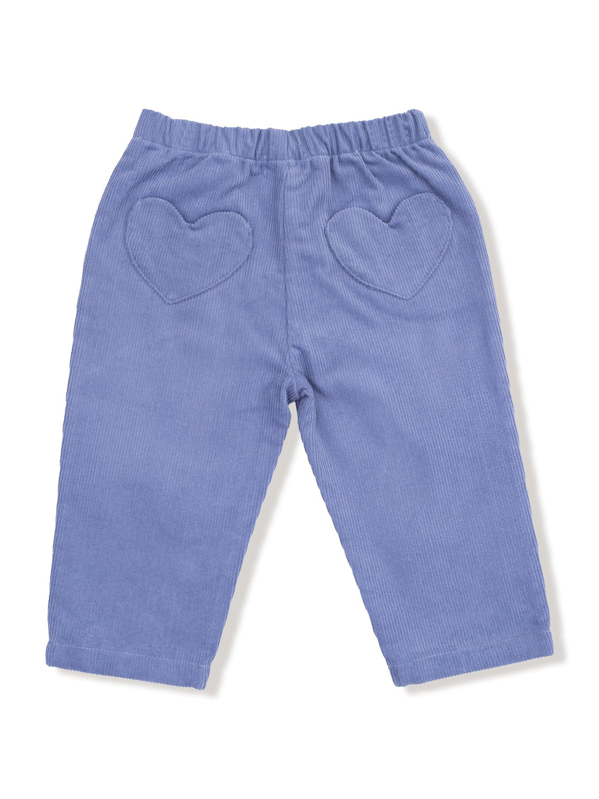 Light blue corduroy pants with heart-shaped pockets, designed for comfortable wear.