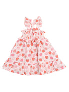 Pink dress with strawberry print, featuring a smocked bodice and ruffled hem. Perfect for warm-weather outings.