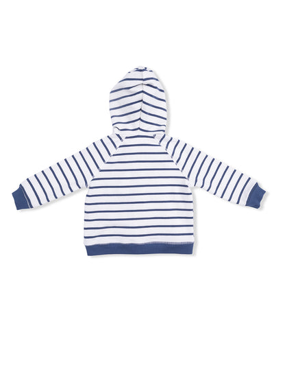 Back view of a striped navy and white hooded sweatshirt.