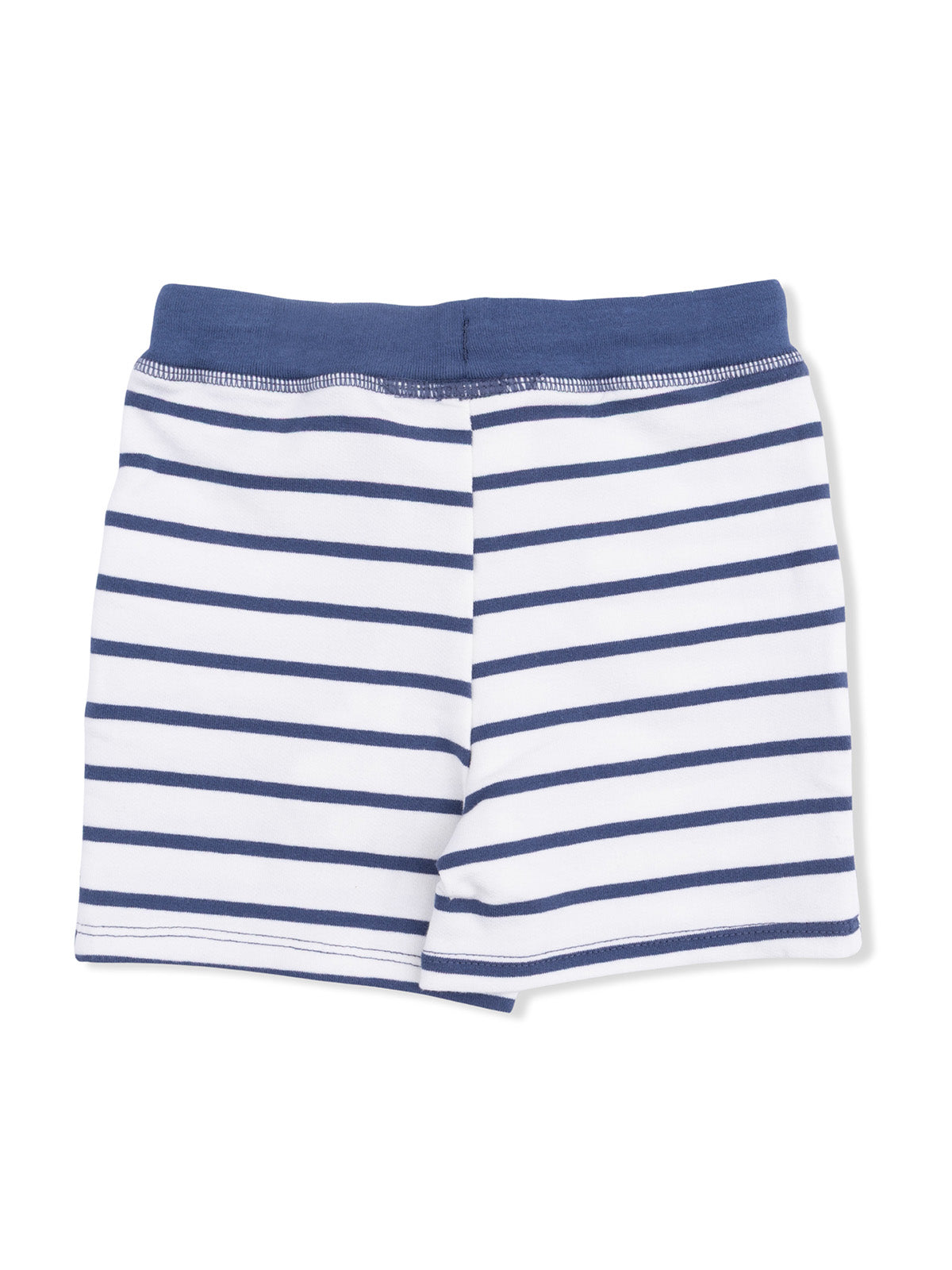 Navy and white striped children's shorts displayed flat on a white background.