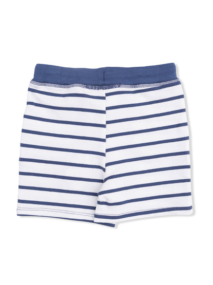 Navy and white striped children's shorts displayed flat on a white background.