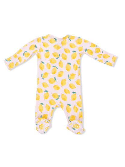 Pink baby onesie with yellow lemon pattern and dotted footies. Perfect for stylish comfort.