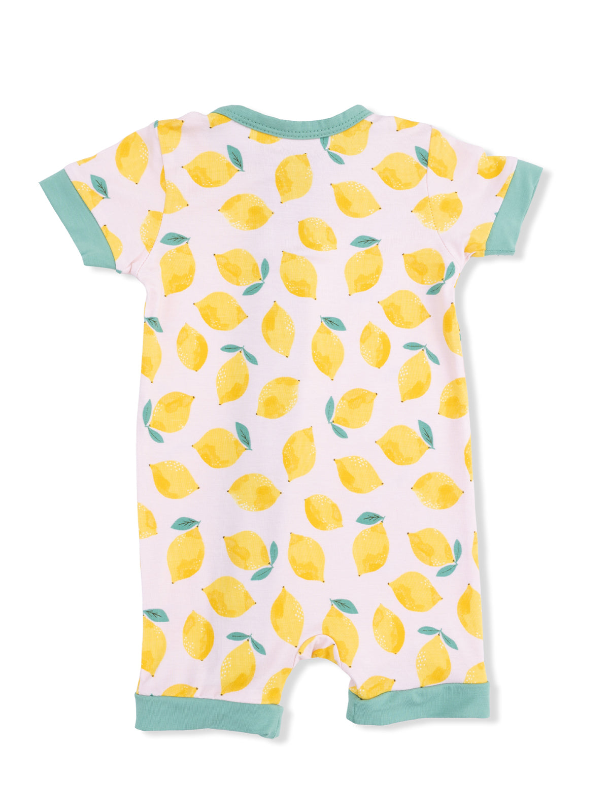 Baby romper featuring a cheerful lemon print on a light background with teal trim. Ideal for warm weather.