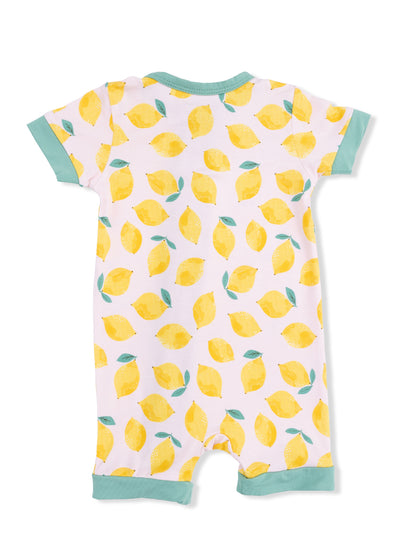 Baby romper featuring a cheerful lemon print on a light background with teal trim. Ideal for warm weather.