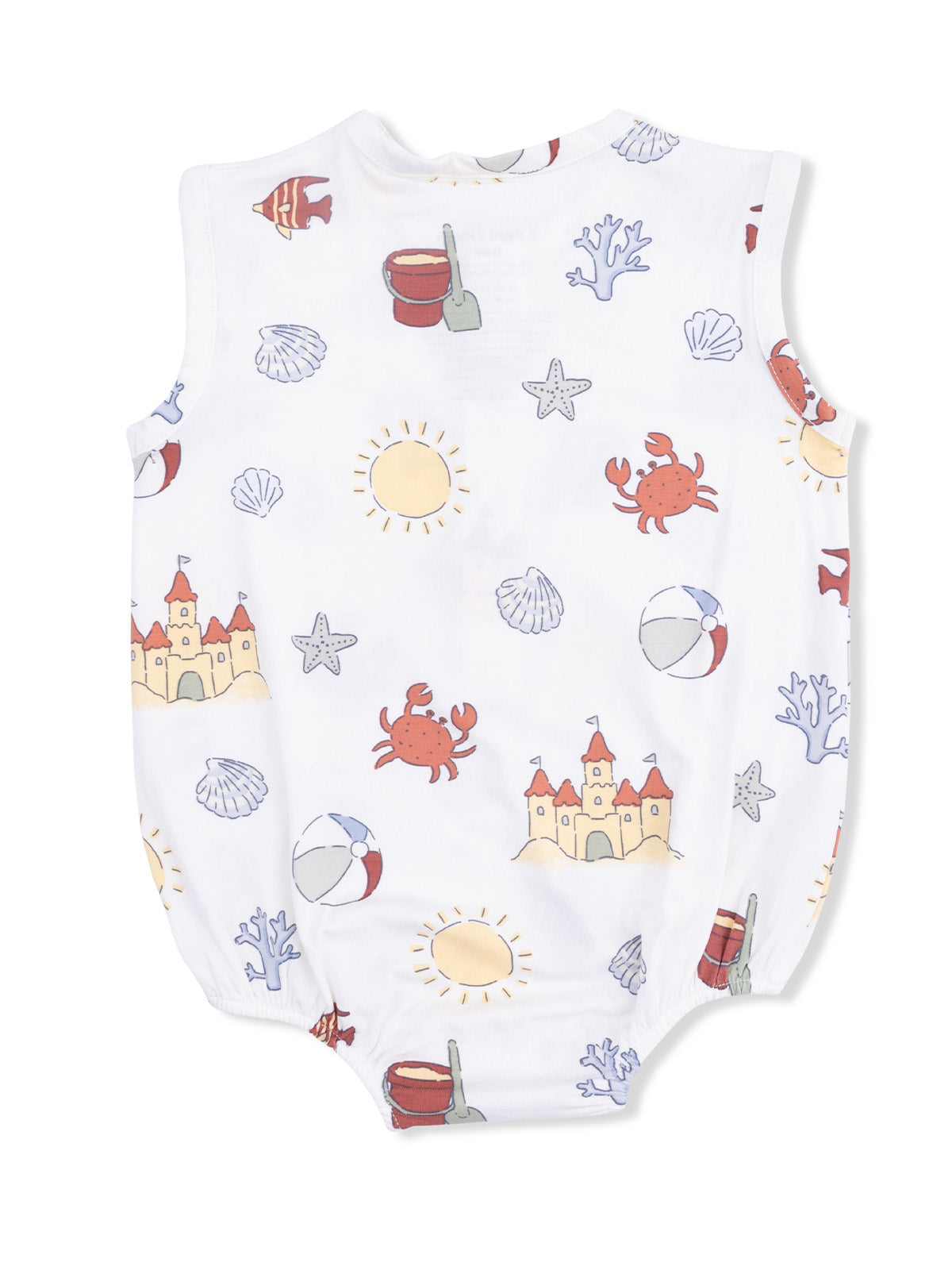 White children's romper featuring beach-themed print: crabs, shells, sun, sand castles, and beach balls.