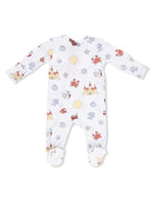White baby onesie with colorful beach-themed patterns, including crabs, seashells, and sandcastles.