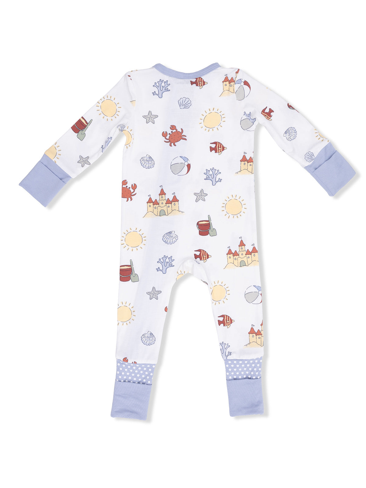 Children's back view of white pajamas with colorful beach-themed prints, including suns, sea creatures, and castles.