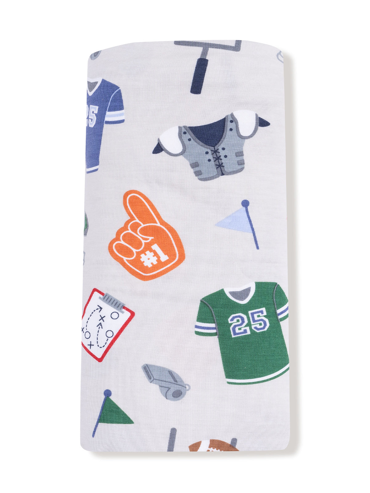 Pattern featuring sports-themed graphics like jerseys, foam fingers, and playbooks on a light background.