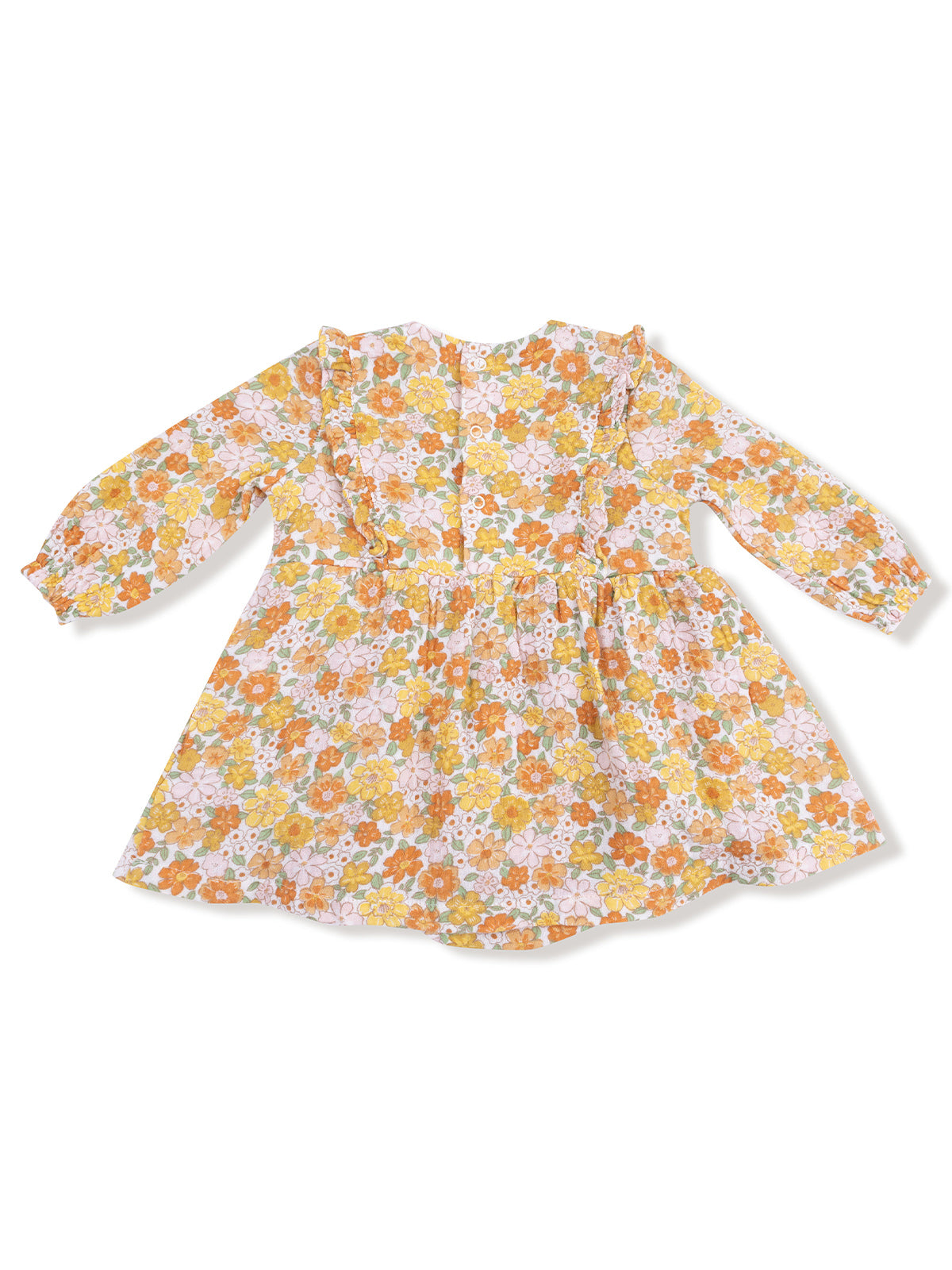 Floral children's dress with long sleeves, featuring bright orange, yellow, and pink flowers on a white background.