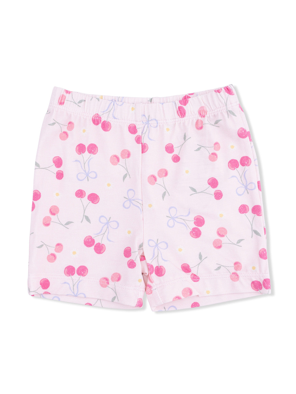 Light pink shorts with cherry and bow patterns scattered across the fabric. Ideal for casual wear or summer outfits.