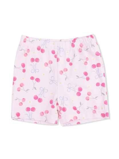 Light pink shorts with cherry and bow patterns scattered across the fabric. Ideal for casual wear or summer outfits.
