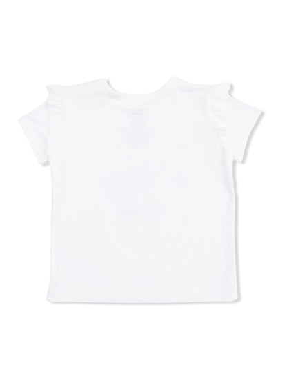 White short-sleeve shirt with ruffled sleeves, displayed from the back.