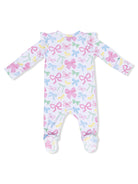 Baby onesie with colorful bow patterns, long sleeves, and ruffled shoulder detail, suitable for infants.