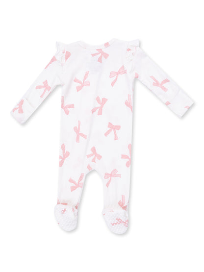 Ribbed Ruffle Sleeve 2-Way Zip Footie, Sweet Bows
