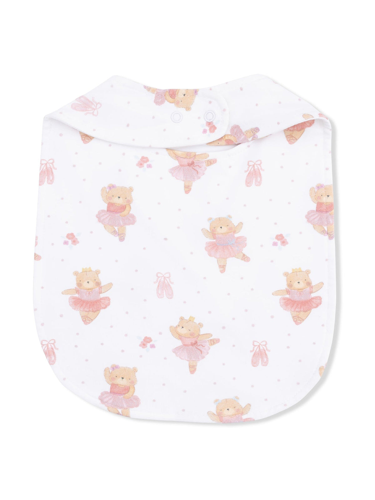Bib with a white background featuring cute teddy bears in ballet outfits and ballet slippers.