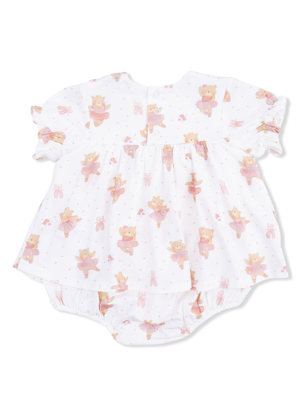 Baby dress with bear ballerina prints, ruffled sleeves, and a button closure at the back.