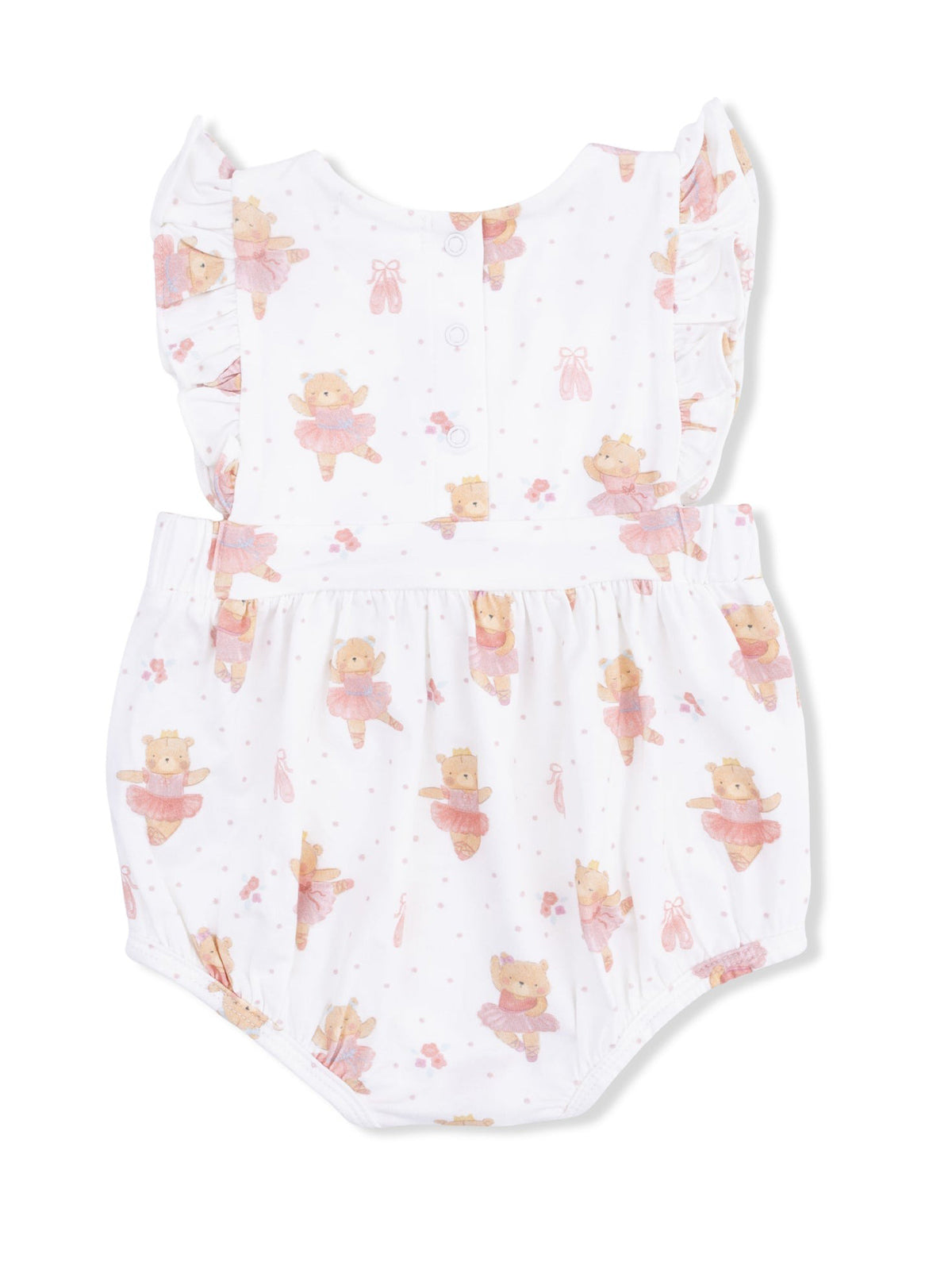 White baby romper with pink teddy bear ballet print and ruffled sleeves. Ideal for playful, stylish outfits.