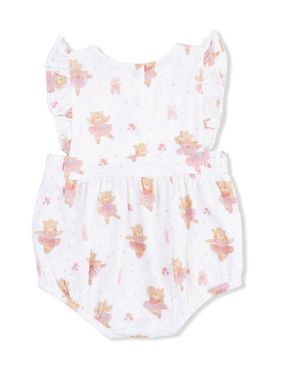 White baby romper with pink teddy bear ballet print and ruffled sleeves. Ideal for playful, stylish outfits.