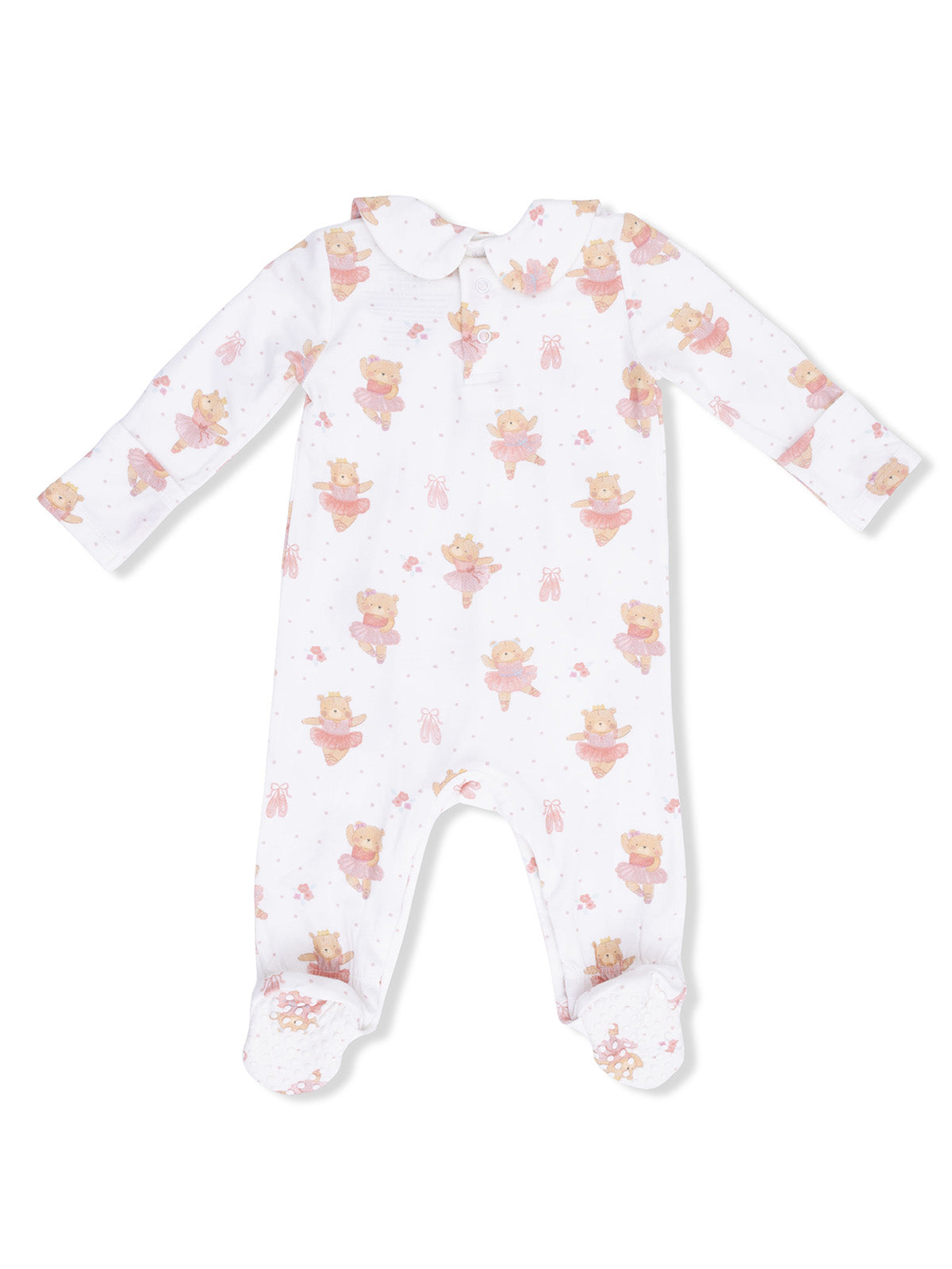 White baby onesie with pastel bear and ballet designs, featuring long sleeves and footed bottoms.