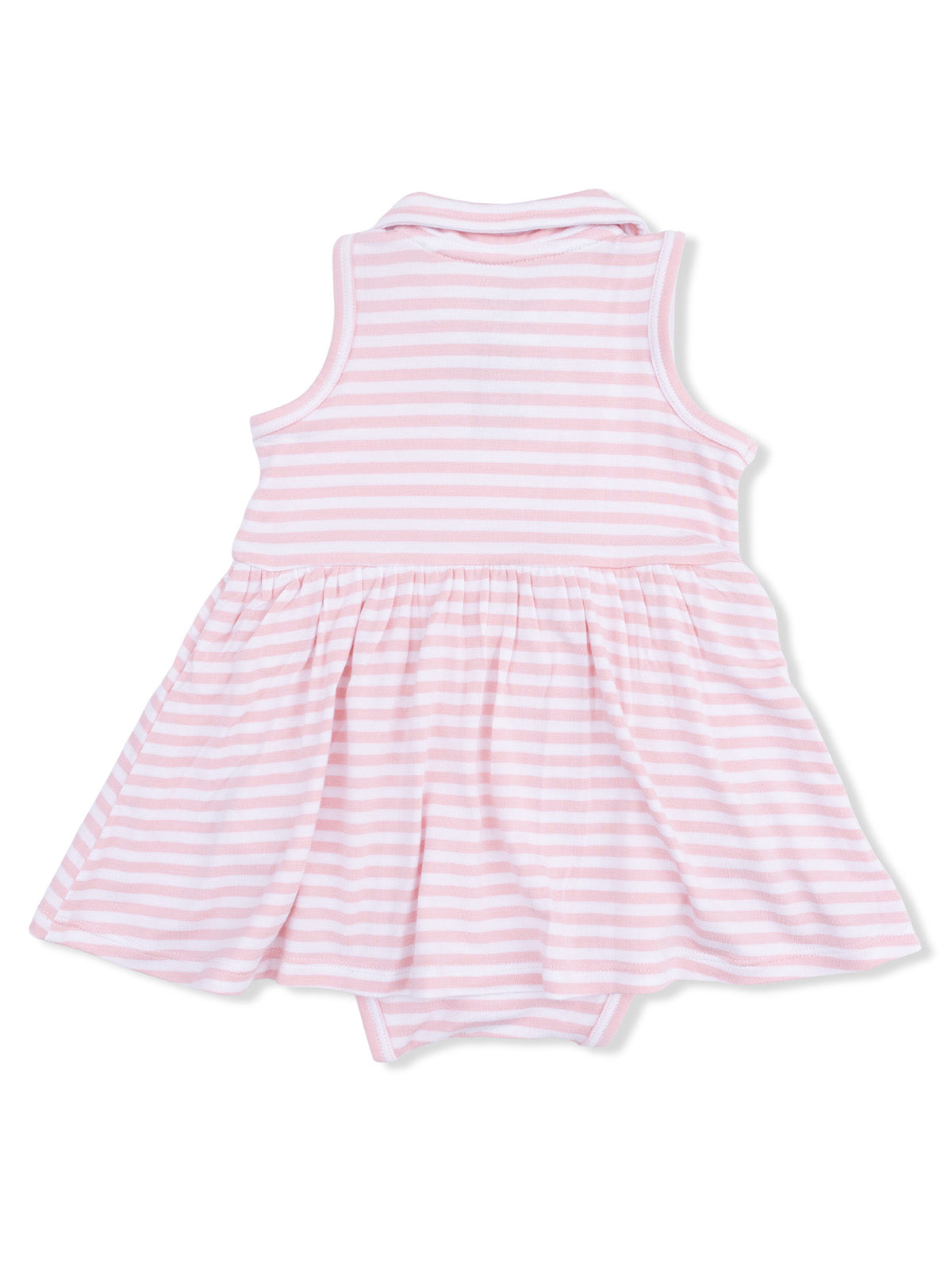 Pink striped baby dress with a collar and flared skirt, viewed from the back.