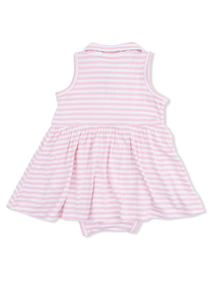 Pink striped baby dress with a collar and flared skirt, viewed from the back.