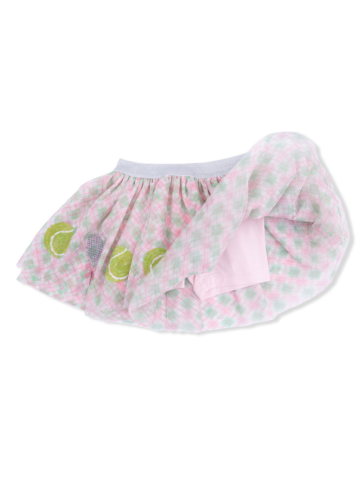 Pink plaid skirt with green tennis ball designs, featuring a soft elastic waistband.